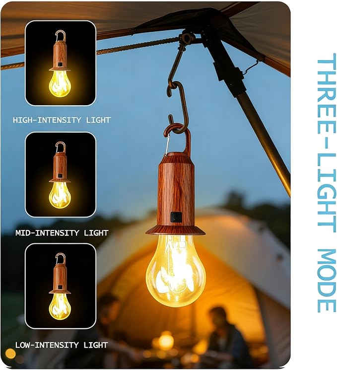 Solar Camping Lights USB Rechargeable Tent Hanging Light Bulb,Portable Outdoor Vintage LED Camping Light,Pendant Emergency Lighting Lantern for Hiking,Backpacking,Fishing,Emergency Outage(Conical)