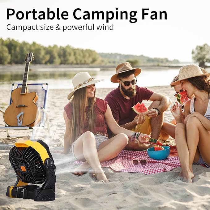 20000mAh Camping Fan with LED Lantern USB Tpye C Rechargeable Battery Operated Outdoor Tent Fan with Light & Hook, 270° Pivot 4 Speeds, Personal USB Desk Fan for Camping Yellow X26A