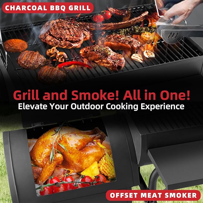 Barrel Charcoal Grill with offset smoker, 714 Square Inches Cooking Area, Outdoor BBQ Grill with Front and Side Shelf, Perfect for Backyard, Patio Parties and Picnics