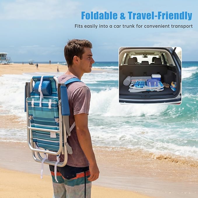 SUNNYFEEL Low Beach Chairs for Adults 5 Position Lay Flat, Portable Folding Backpack Beach Chair Heavy Duty with Cooler Bag, Cup Holder for Outdoor/Lawn/Picnic/Sand, Foldable Camping Chair