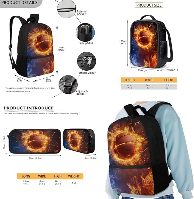 Rnyleeg Fire Basketball Backpack for Boys with Lunch Box Cool Boys Bookbag Age 8-10 Portable School Bag Set 3 Pack for Primary Students Casual Sackpack