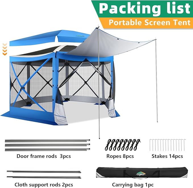 COBIZI 12x12FT Pop Up Gazebo Screen Tent Screen House for Camping, Screen Room with Mosquito Netting, Hub Tent Instant Screened Canopy with Carrying Bag and Ground Stakes, Blue