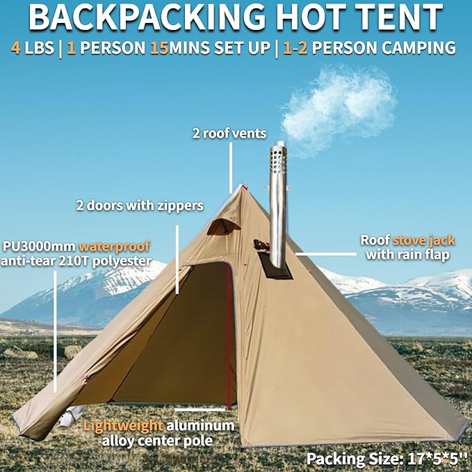 DANCHEL OUTDOOR Backpacking Hot Tent w/Stove Jack, Portable Tipi Tent with T6 Titanium Folding Wood Stove for 1-4 Person Winter Camping Hunting,3m/4m