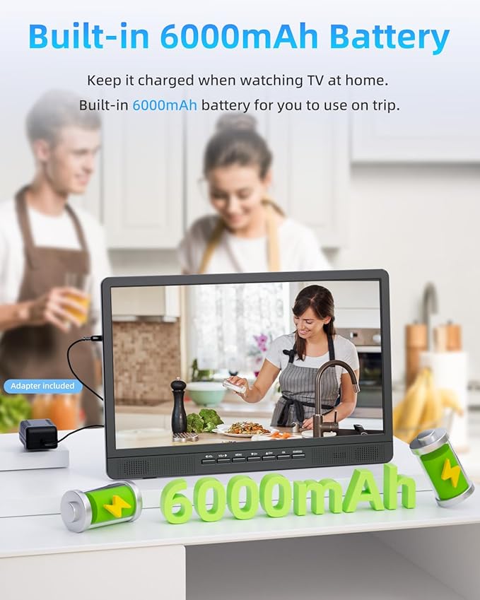 NORTHING 18.5" Portable TV 1080P Full HD, 6500mAh Rechargeable Small TV with Antenna, Stand, HDMI/USB/AV Input, Flat Screen TV for Camping Kitchen RV Car Bedroom