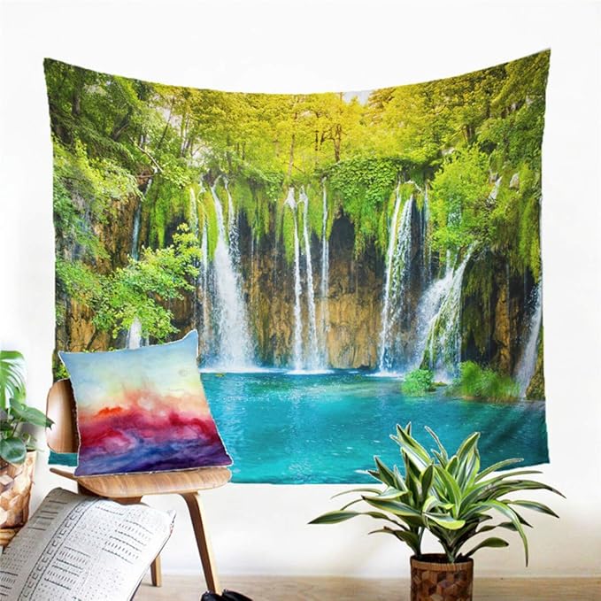 Forest Waterfall Tapestry Wall Hanging Sandy Beach Picnic Rug Camping Tent Sleeping Pad Home Decor Bedspread Sheet Wall Cloth (60x51inch,7)