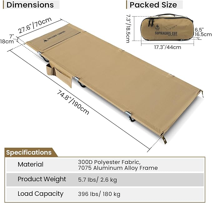 ONETIGRIS SUPRAGRIS Camping Cot, Support Up to 400lbs, Lightweight Comfortable Folding Bed for Camping, Hiking, Backpacking, Travel, Car Trips, Office Nap