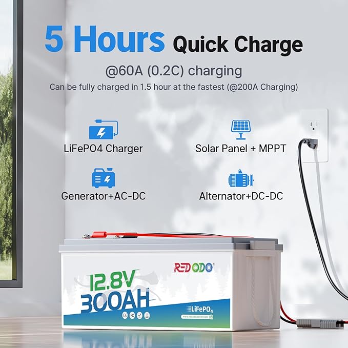 Redodo 12V 300Ah LiFePO4 Lithium Battery (2Pack), 200A BMS, 2560W Power Output, 4000-15000 Deep Cycles & 10-Year Lifetime for Off-Grid Solar Home System, RV