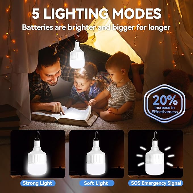 Emergency LED Light Bulb, 200W USB Rechargeable LED Emergency Light Bulb with 5 Lighting Modes, Portable Emergency Rechargeable Light Bulbs with Hook for Outdoor Picnic Camping Tent