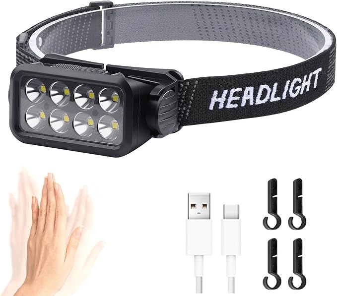 Bright Camping Head lamp, 120° Adjustable White Light Headlight with Motion Sensor 5 Modes USB C Rechargeable HeadLamp for Hiking, Running, Repairing, Fishing, Cycling