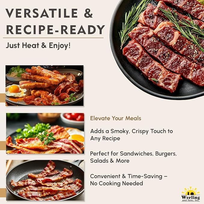 Werling Fully Cooked Canned Bacon 12 oz – Ready to Eat Smoked Bacon, Shelf Stable up to 5 Years, Long-Term Food Storage, Emergency Survival Food, Camping & Hiking Meals, Pantry Staple, No Refrigeration Required, Canned Meat, Pack of 12
