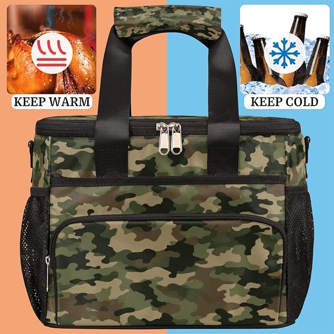Leakproof Reusable Insulated Cooler Lunch Bag Army Camouflage Camo Pattern Picnic Lunch Box for Women Men Cooler Tote Office Work Camping Beach 24 Can 15L
