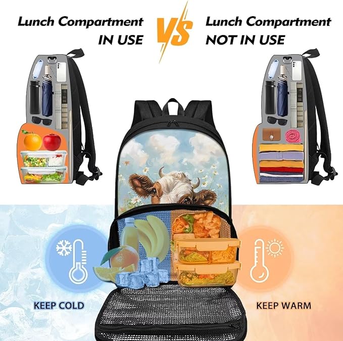 Cute Cow Daisy Student All In One Backpack Meal Bag Sturdy Insulated Cooler Backpack Lunch Box Tote Food Bag for College Beach Camping Picnics Primary Middle High Student Dayback