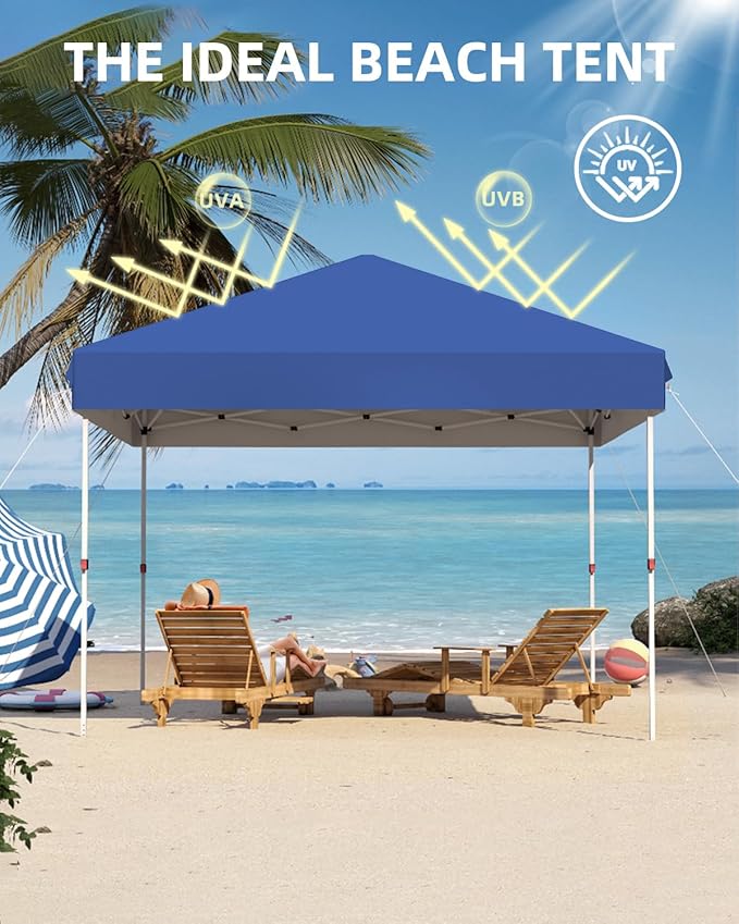 GarveeLife 10x10 Pop Up Canopy with One Button Push Setup - Heavy Duty Outdoor Canopy Tent with Portable Roller Bag - 3 Adjustable Height, 4 Weight Bags, 8 Stakes & 4 Guy Ropes Included, Blue