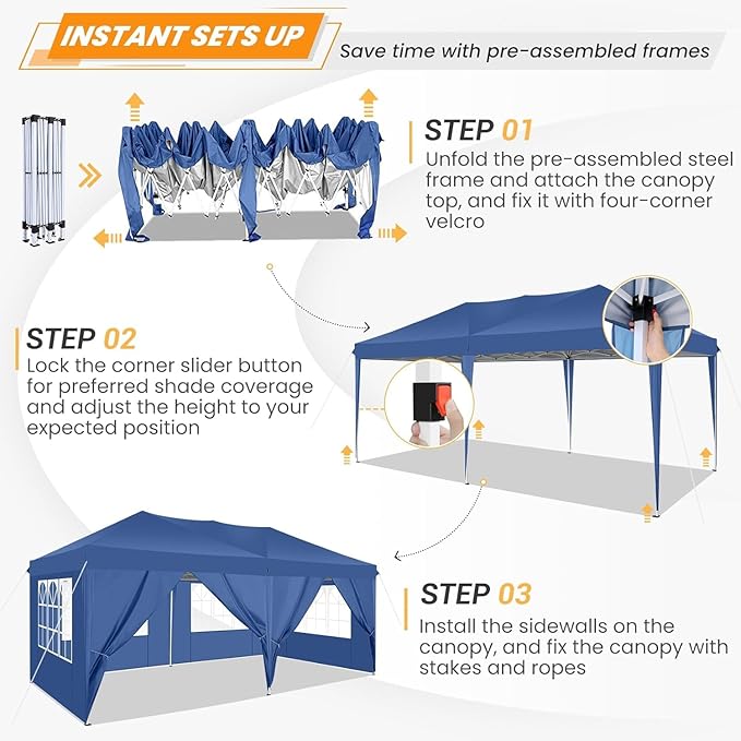 COBIZI 10x20 FT Pop up Canopy Tent with Sidewalls, Party Tents for Parties, Carpas para Fiestas, Easy Set Large Outdoor Popup Patio Gazebo for Backyard,Weddings,Vendor,Commercial Event,Blue (Upgrade)