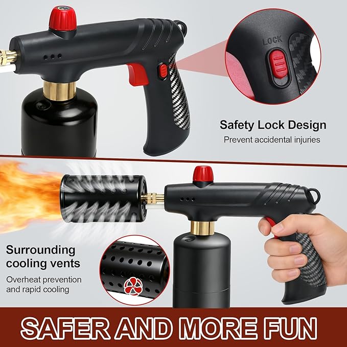 Propane Torch Gun，Flame Thrower,Cooking Blow Torch Gun with a Safety Lock,Charcoal Lighter,Adjustable Kitchen Torch Gun for Campfire，Grill, Sous Vide, BBQ (Tank Not Included)