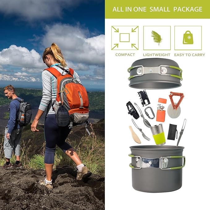 Camping Cookware Mess Kit, 16 pcs Backpacking Cooking Set, Lightweight Camping Pots and Stove Set for 1-2 Person, Outdoor Cooking Gear Ideal for Camping, Hiking, Backpacking and Picnic