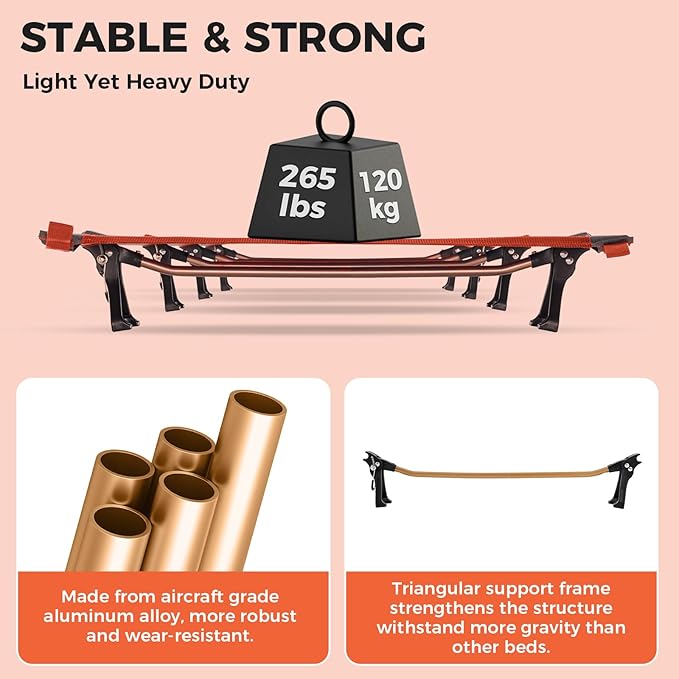 KingCamp Ultralight Camping Cot, Portable Folding Tent Camping Cot, 265 Lbs Heavy Duty Sleeping Cot with Pillow for Adults Outdoor Backpacking Travel Hiking, Orange