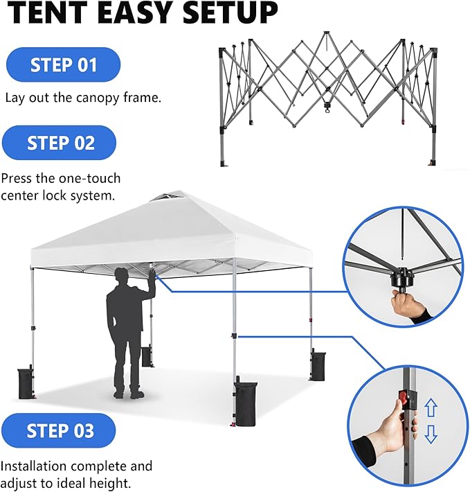 Sweetcrispy 10x10ft Pop Up Canopy Tent with 1-Person One Push Setup, Instant Portable Outdoor Shelter for Beach, Events, Camping – Includes Rolling Carry Bag, White