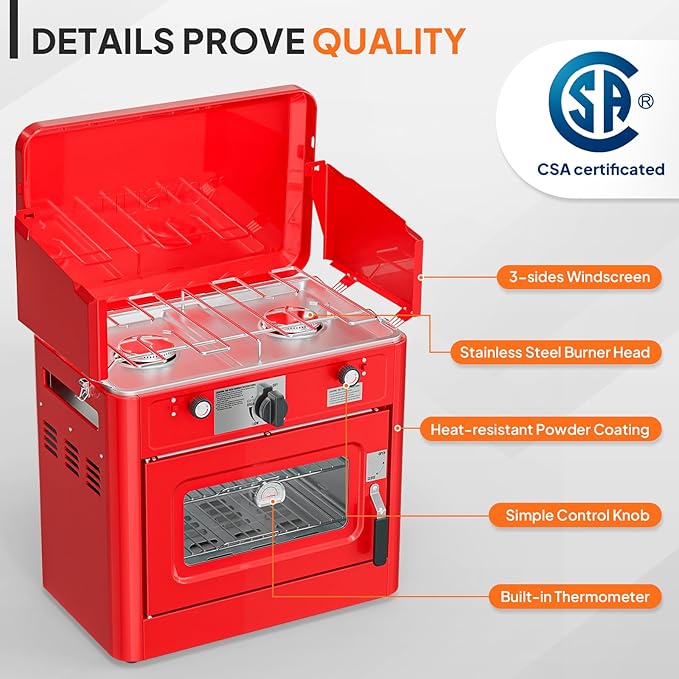 Bonnlo 2-in-1 Camping Oven & Portable Gas Stove Combo with 3-side Windscreen, Powerful 19,800 BTU Propane Oven with One-click Ignition, Heat-resistant Coating & Thermometer for Outdoor Use, Red