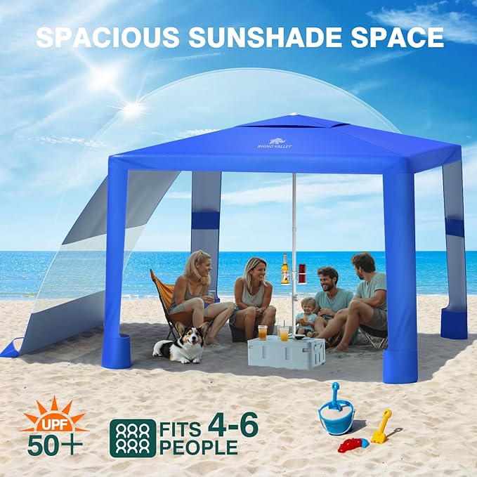 Rhino Valley Beach Cabana, 8*8FT Beach Tent UPF50+ Protection, Easy Setup Beach Canopy Wind Resistant with Cup Holder,Compact Beach Shade Foldable Beach Tent Sun Shelter for Whole Family Friend,Indigo
