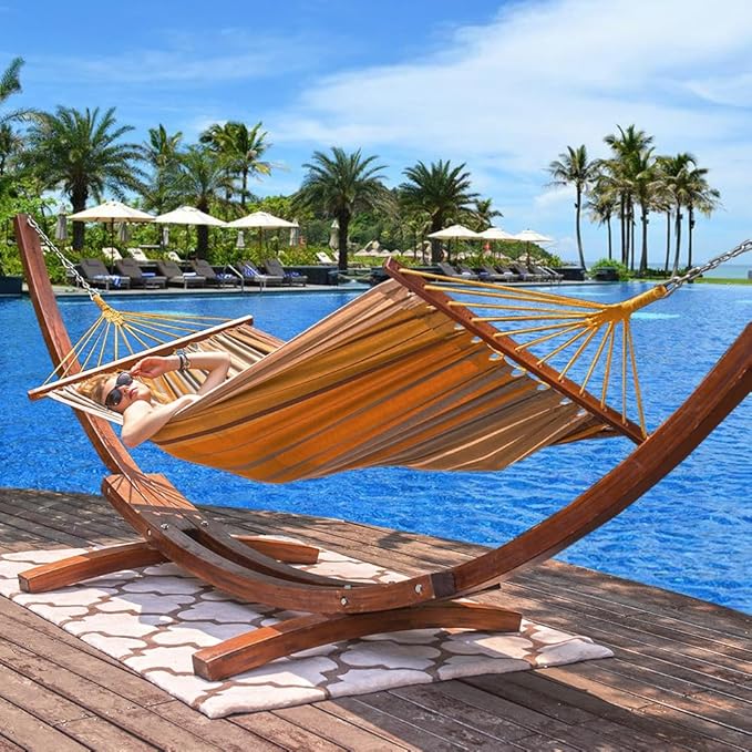 Lazy Daze Hammocks 10.5 FT Outdoor Arc Wood Hammock Stand, 2 Person Hard Pine Wood Hammock Stand with Carabiners and Chains for Outdoor Patio Garden Poolside, 300lb Capacity, Brown
