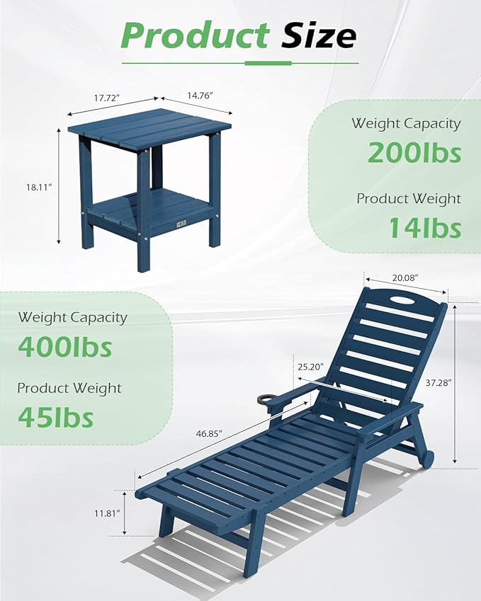 Domi Outdoor Chaise Lounge Chair with Table, HDPE Outdoor Lounge Chair with Reclining Backrest, Patio Chaise Lounger for Poolside, Outside Sunbathing Tanning, Blue