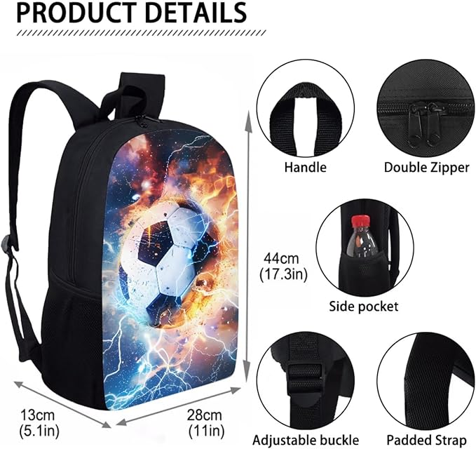 Football School Backpack Set,4 in 1 Soccer SchoolBag with Lunch Box for Teen Boys 8-12 Years Old Primary Middle Student Camping Travel Daypack with Adjustable Strap