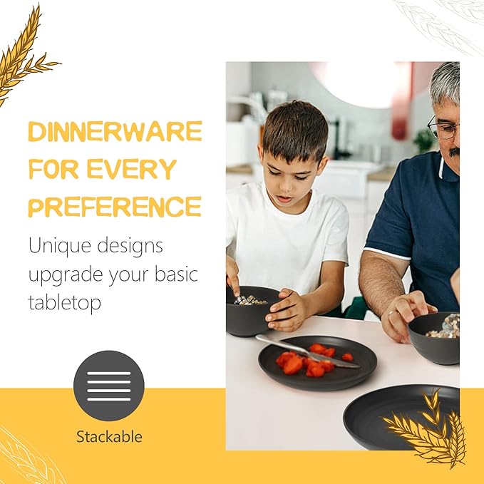 Teivio 24-Piece Kitchen Plastic Wheat Straw Dinnerware Set, Service for 6, Dinner Plates, Dessert Plate, Cereal Bowls, Cups, Unbreakable Plastic Outdoor Camping Dishes, Black