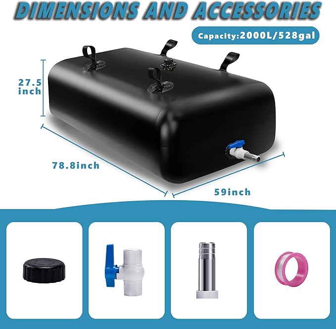 2000 L/528 Gal Water Bladder Tank, Foldable Portable Water Storage Container, Emergency Water Bag for RV, Truck Bed, Fire Prevention, Drought Resistance, Black