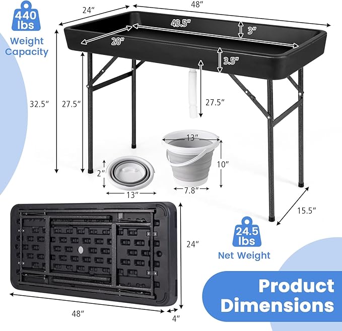 Giantex 4 FT Folding Ice Cooler Table with Drain & Bucket, Removable Skirt, No Assembly, Portable Fill and Chill Table for Food Drink Beverage, Foldable Party Ice Bin for Camping BBQ, Black