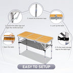 VINGLI Small Folding Table Portable 3FT Aluminum Foldable Camping Table for Picnic Card Table with 3 Adjustable Height & Carry Handle for Outdoor Indoor Hiking Camp BBQ Beach-Natural