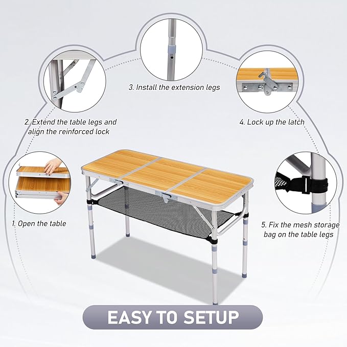 VINGLI Small Folding Table Portable 3FT Aluminum Foldable Camping Table for Picnic Card Table with 3 Adjustable Height & Carry Handle for Outdoor Indoor Hiking Camp BBQ Beach-Natural