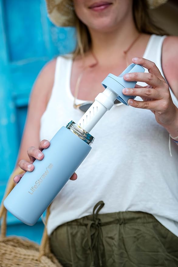 LifeStraw Go Series – Insulated Stainless Steel Water Filter Bottle for Travel and Everyday Use, Removes Bacteria, Parasites and Microplastics, Improves Taste, 18oz Icelandic Blue