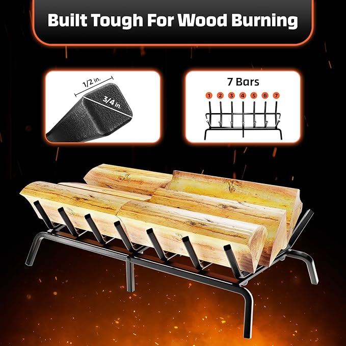 Idzo Cast Iron Fireplace Grate 24 inch, 3/4" Bar Fireplace Log Grate with Additional Leg for Sturdy Stand & Better Air Flow, Quick Assembly Fireplace Wood Grate for Indoor & Outdoor