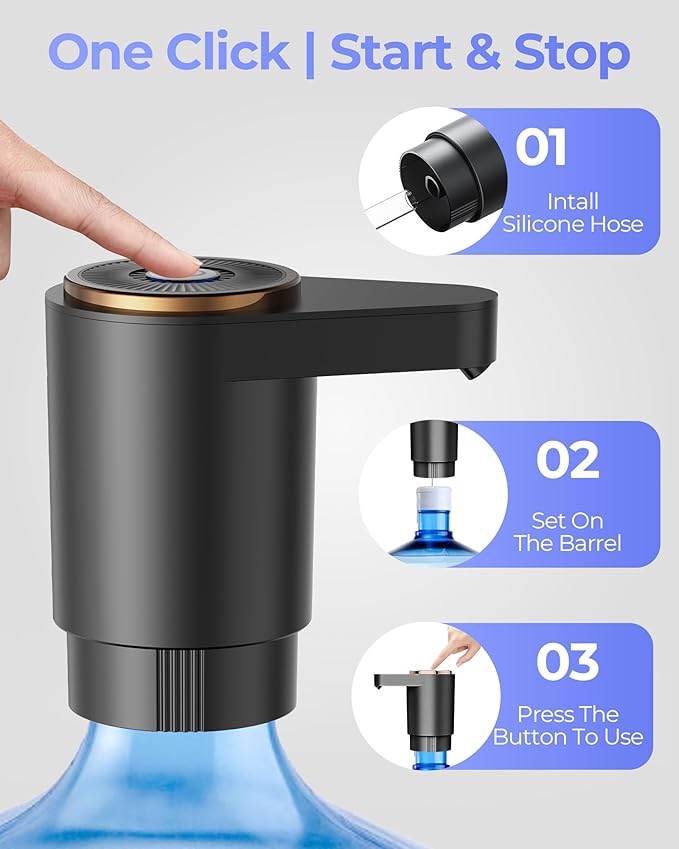 Water Jug Pump for 5 Gallon Bottle – Portable Electric USB-C Charging Dispenser, Dual Powerful Motors, Fast Flow, Fits 2-5 Gallon Jugs – Ideal for Home, Office, Camping, RV, Black