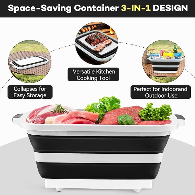 Collapsible BBQ Prep Tub with Cutting Board & Lid, Folding Food Container BPA-Free Heavy-Duty, Dishwasher Safe, Upgraded Drain Hole - for Camping, Grilling Outdoor Cooking (Black, XX-Large)