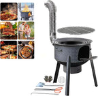 Multifunction Wood Burning Stove, 2.2mm Diamond-Pattern Steel Portable Grill,Rocket Stove with Large Grill Rack for Outdoor Cooking, Backyard, Camping & Off-Grid Living