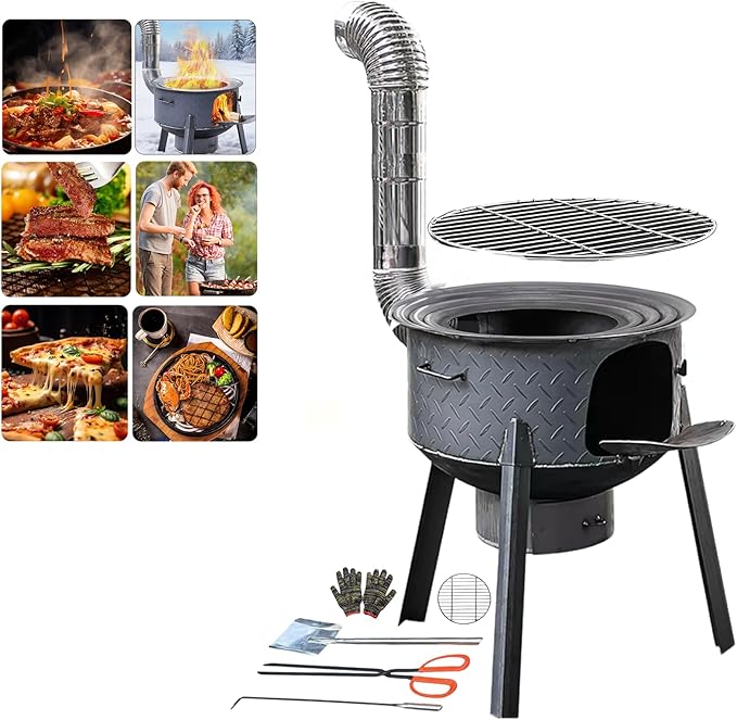 Multifunction Wood Burning Stove, 2.2mm Diamond-Pattern Steel Portable Grill,Rocket Stove with Large Grill Rack for Outdoor Cooking, Backyard, Camping & Off-Grid Living