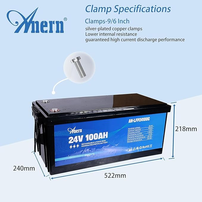 Anern 24V 100Ah LiFePO4 Lithium Battery, 2560Wh Deep Cycle LiFePO4 Battery with 100A BMS, 15000+ Cycles, 10-Year Lifespan, Ideal for Solar Energy Storage, Off-Grid Camping, RV, Trolling Motor
