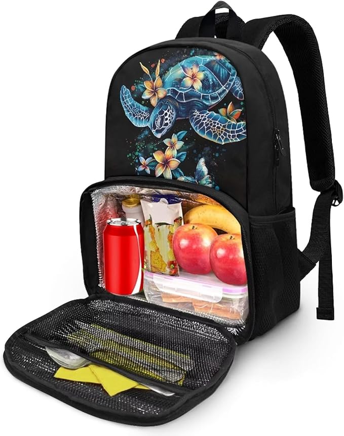 Sea Turle Flower Kids Lightweight Shoulder Backpack 17 Inch Travel Laptop Insulated Cooler Bag Box Stain-resistant Unisex Large Capacity Casual Backpack Meal Bag Lunchbox