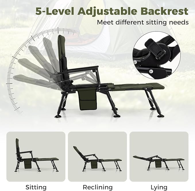 Goplus Oversized Foldable Fishing Chair for Adults, Heavy Duty All-Terrain Camping Chair with Detachable Footrest, Padded High-Back, Armrest, Adjustable Feet, Portable Recliner for Outdoor Patio Beach