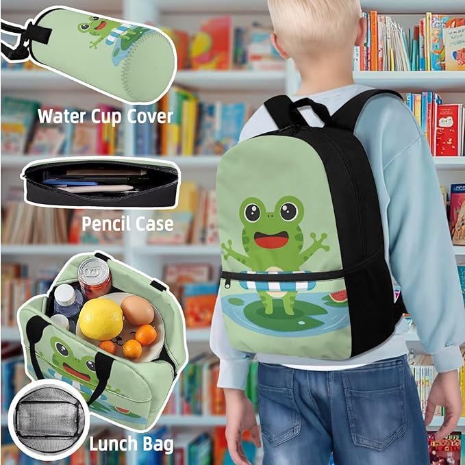 Kids Backpack with Lunch Box Water Bottle Bag Pencil Case Large Capacity Cute Frog Backpack for School Boys Backpacks 8-12 Years Old Kindergarten Elementary Mochilas Escolares Para Niños
