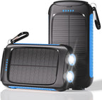 Portable Charger Solar Power Bank 8000mAh with USB-A and USB-C 5V/3A Output Port Blue Battery Pack Compatible with iPhone, Samsung, Waterproof Emergency LED Flashlights Perfect for Camping, Hiking