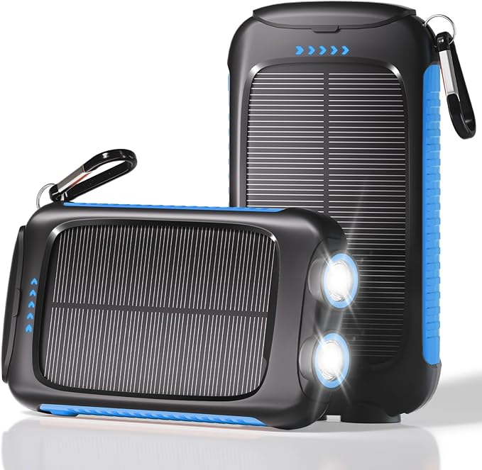 Portable Charger Solar Power Bank 8000mAh with USB-A and USB-C 5V/3A Output Port Blue Battery Pack Compatible with iPhone, Samsung, Waterproof Emergency LED Flashlights Perfect for Camping, Hiking