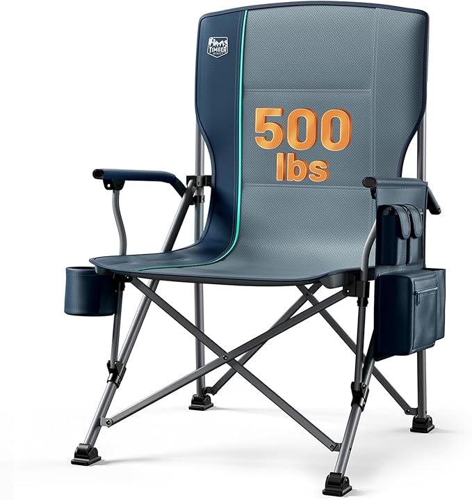 Timber Ridge 500lbs Oversized Folding Camping Chair, Heavy Duty Lawn Chair for Adults, Portable Collapsible High Back Chair with Cup Holder, Side Pocket Cooler Bag, for Outdoor, Sports, Blue