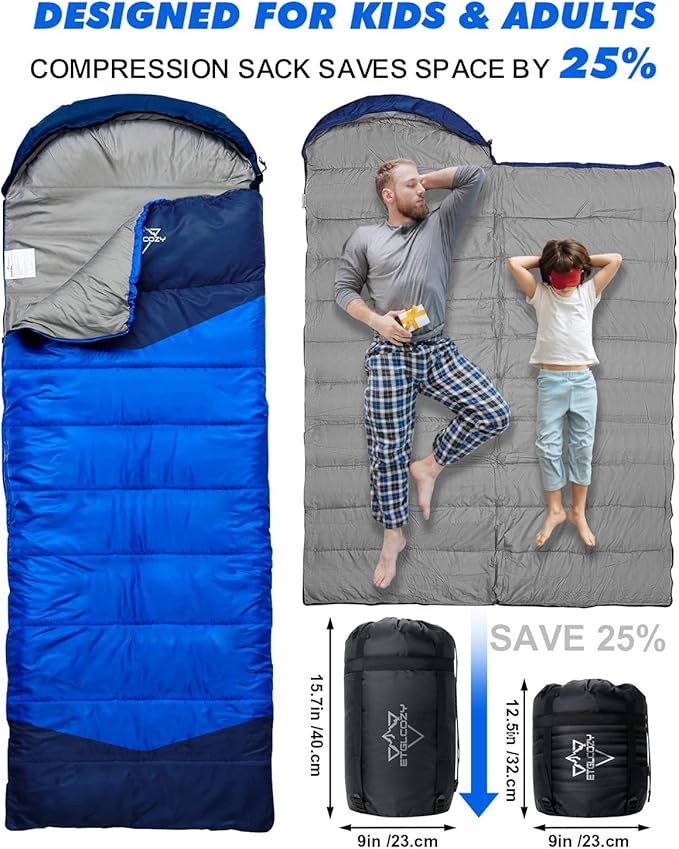 Single Sleeping Bag for Adults Kids 3-Season, Lightweight Waterproof Ripstop, Dual Zipper Bottom Vent, Compression Sack, Portable Camping Hiking Backpacking Gear