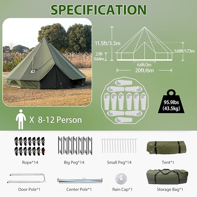 Cotton Canvas Bell Tent with Stove Jack, Roomy Yurt for Family Glamping Camping, 4 Season Tent with Zipped Removable Floor