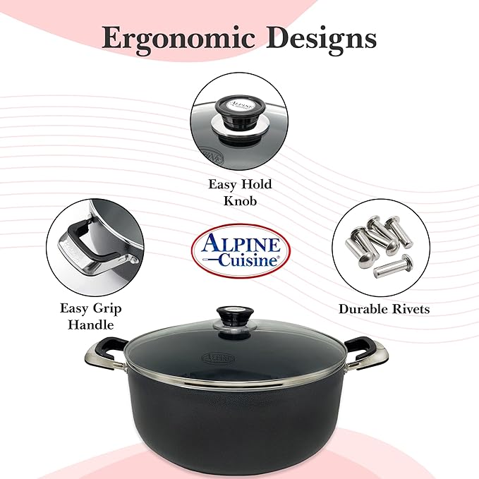 Alpine Cuisine 18 Quart Non-stick Stock Pot with Tempered Glass Lid and Carrying Handles, Multi-Purpose Cookware Aluminum Dutch Oven for Braising, Boiling, Stewing