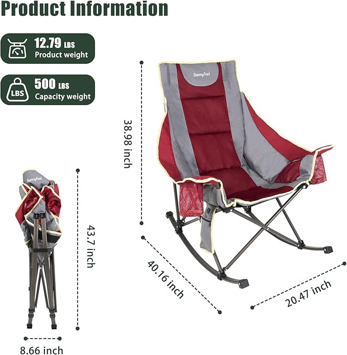 SUNNYFEEL Heated Rocking Camping Chair 2 Pack Fully Padded Patio Folding Chair Portable Oversized Outdoor Rocker High Back Lawn Recliner with Side Pocket Camp Rocker Chairs for Adults 500 LBS Red