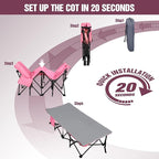 REDCAMP Kids Foldable Camping Cot with Mattress Pad, 220 LBS Child Durable Sleeping Bed with Pocket and Carry Bag Portable for Home, Travelling, Pink